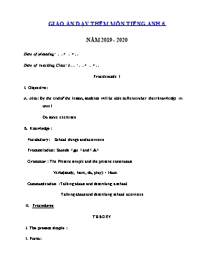 Giáo án dạy thêm môn Tiếng Anh Lớp 6 - Năm học 2019-2020